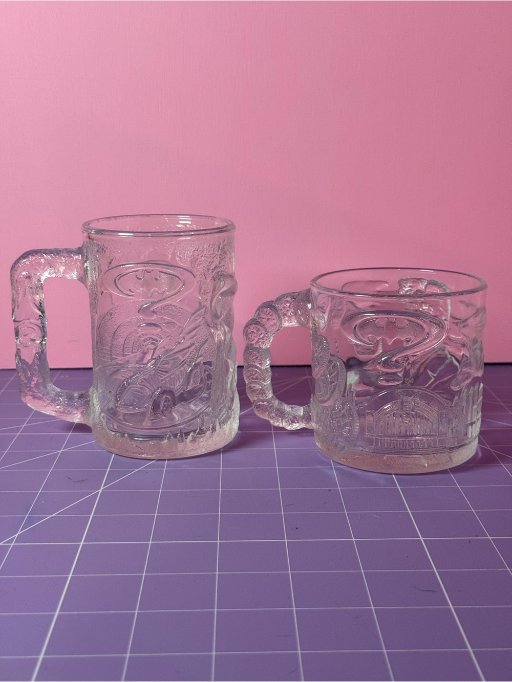 McDonald's Batman Forever Two Face + Robin 3D Glass Mugs DC Comics 1995 Lot Of 2